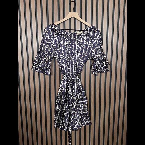 Converse x John Varvatos Dress XS 100% Silk Purple Fit & Flare Floral Belted - Picture 1 of 8